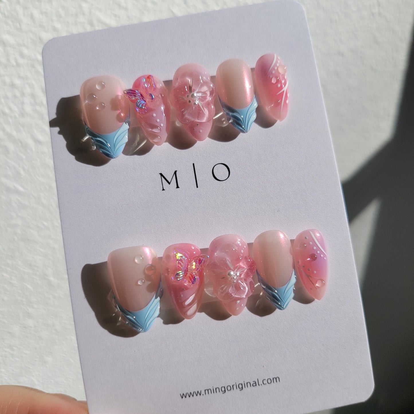 3d flower airbrush pink glittery butterfly aura Press on Nails, blue french tip free style 3d handmade Nails,MO276