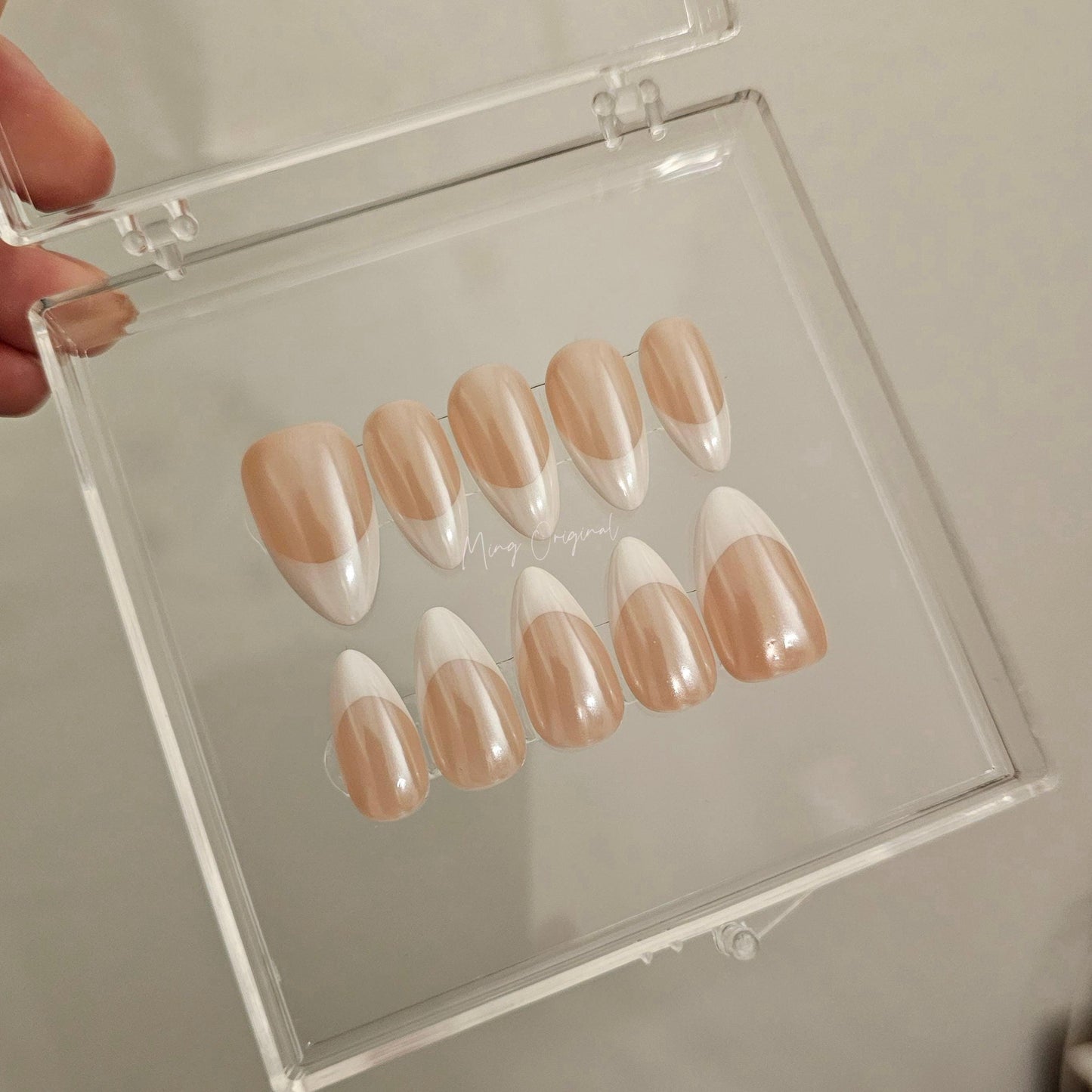 Glazed donuts French Tip nail, pearl chrome Fake nails, nude nail, Handmade jelly nail