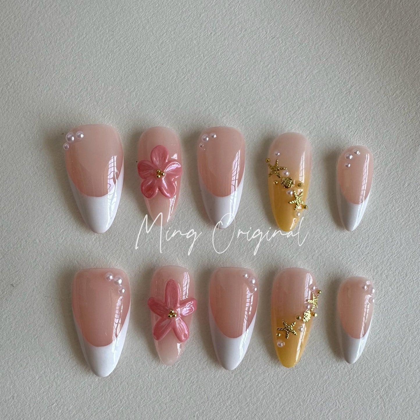 3D sculptured flower Press on Nails, Mermaid Star French Nails, Tropical Floral Nails, Jelly Nails