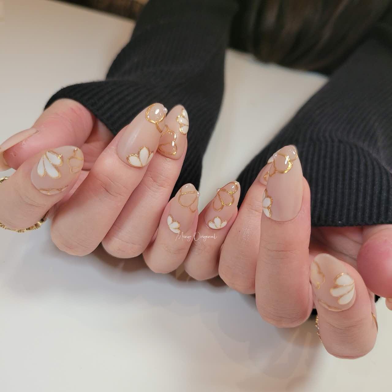 Nude blossom sculptured flower Press on Nails, Gold Frame Orchard Floral Nails, Jelly Nails, gift for her, MO262