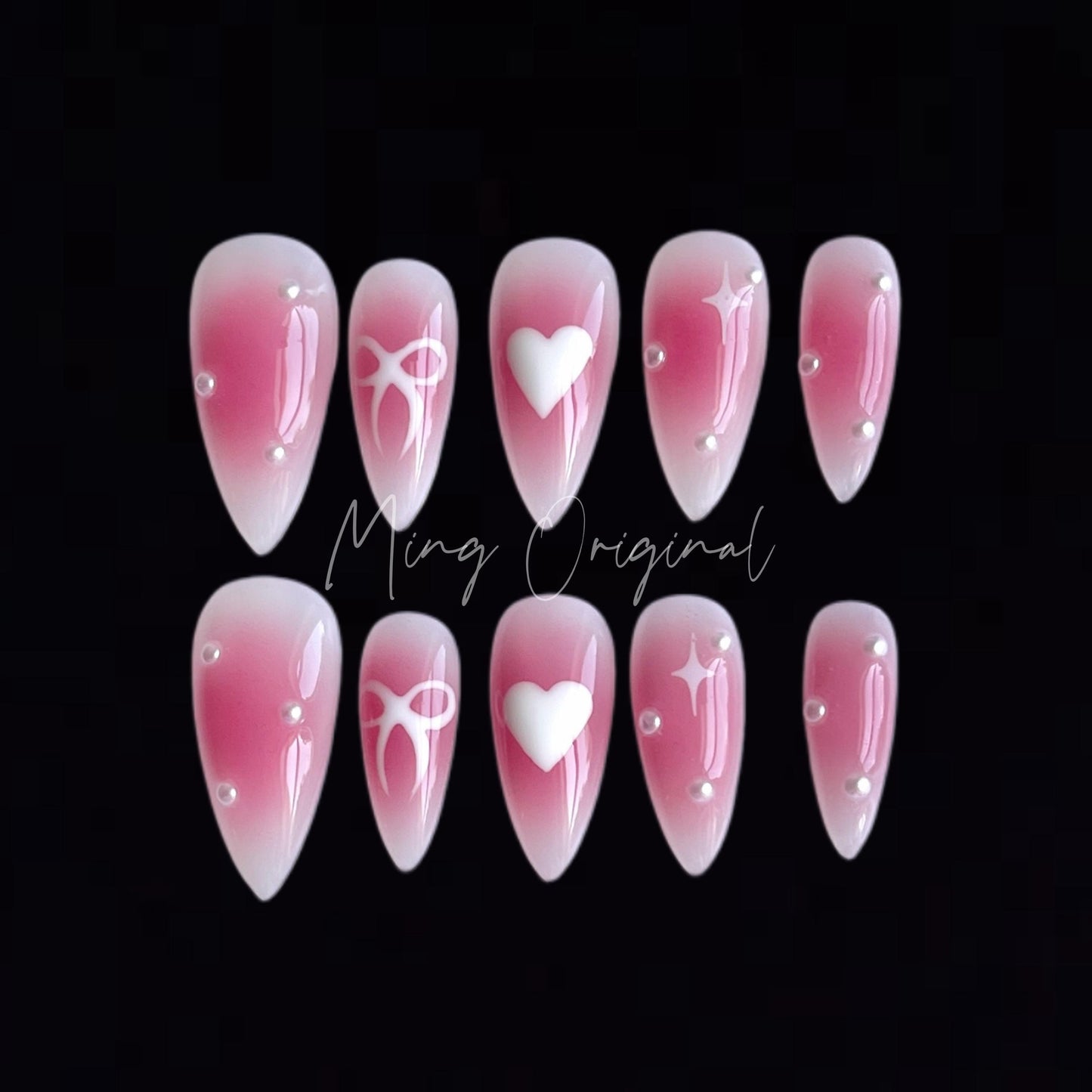 Pink blush girly pearl press on nail, hand painted bow and heart, milky white nail, jelly fake nail