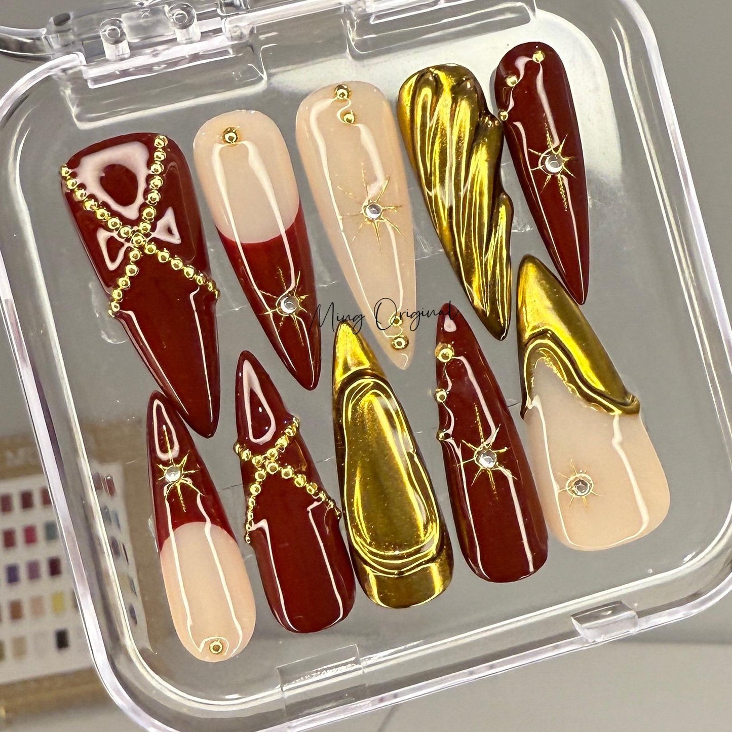 3D red and gold free style press on nails, gold chrome detail nail, heart and Star glue on nail, nude jelly fake nail, gift for her,MO422