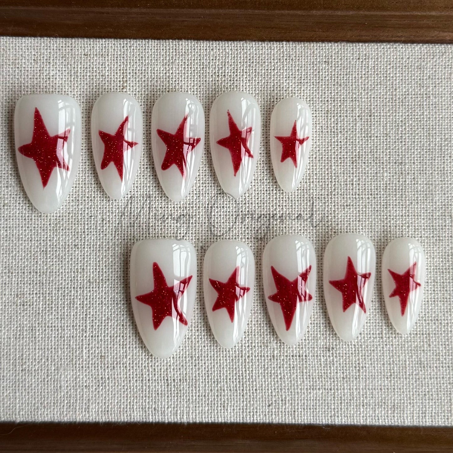 Simple Red glittery Star press on nails, milky white nails, reuse nails, glitter fake nail, gift for her, MO439
