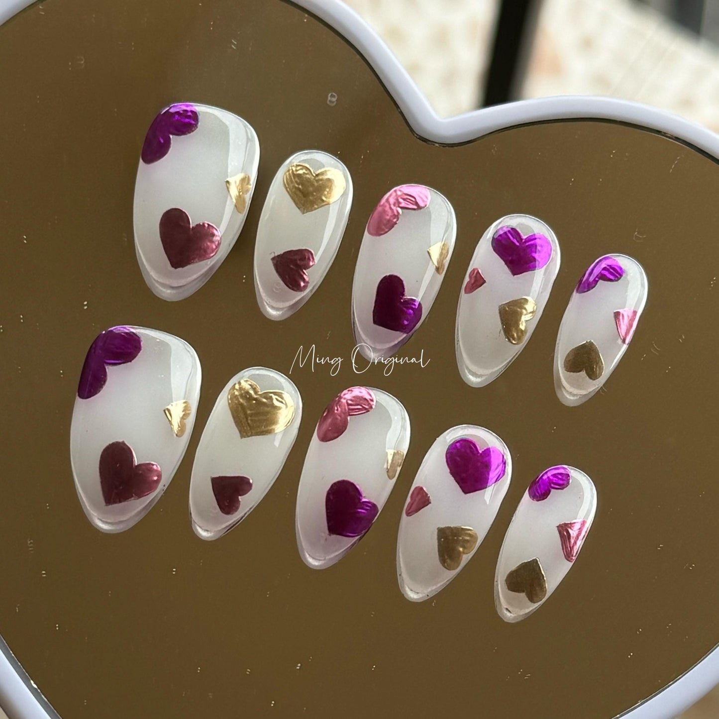 Vivid love milky white press on Nail, purple pink chrome heart glue on nail, Holiday Fake Nails, valentine Gifts for Her, MO370