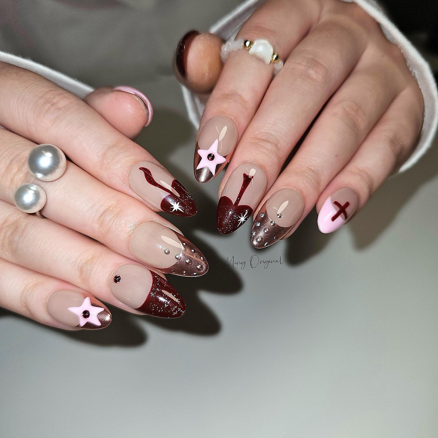 Christmas vibe cute mushroom and Star Press on Nails, pink chrome free style french tip glue on Nails, birthday holiday gift for her, MO316