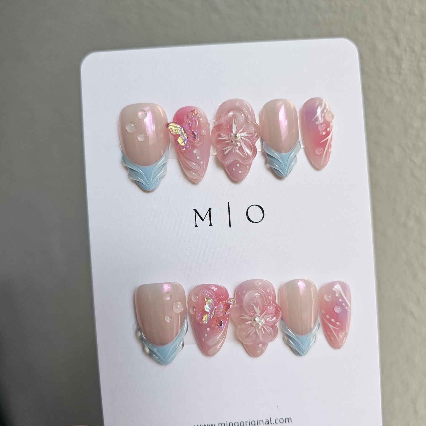 3d flower airbrush pink glittery butterfly aura Press on Nails, blue french tip free style 3d handmade Nails,MO276