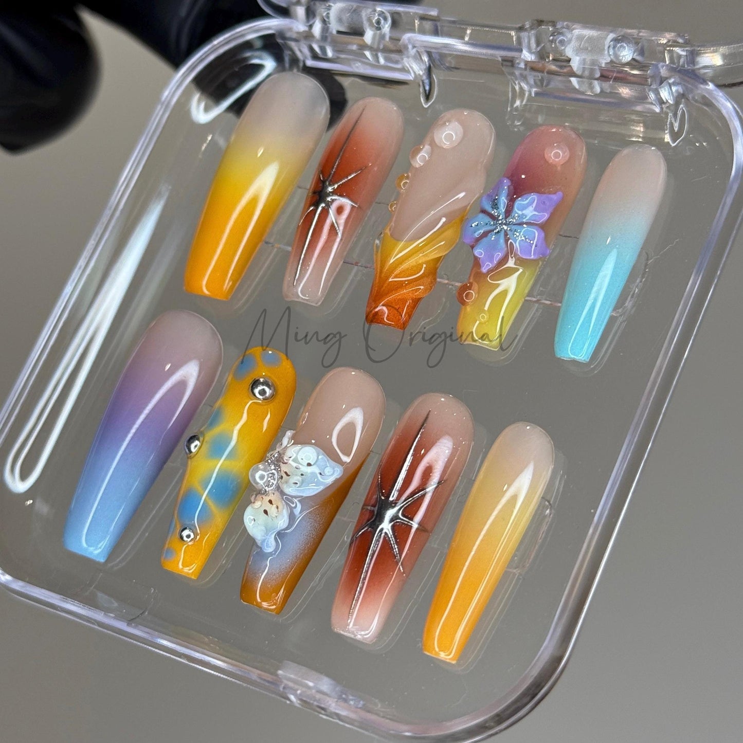 Vivid Beach Colorful Airbrush Ombre 3d Flower press on nails, blue orange purple yellow hand painted candy color vacation nail, gift, MO467