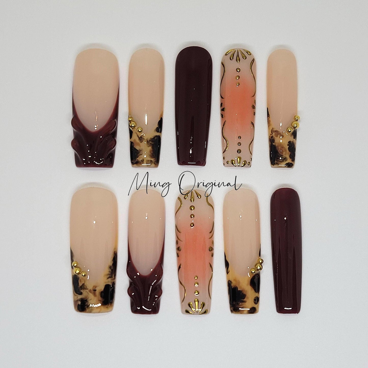 Autumn royal brown water blooming Press on Nails, gold chrome detail nail, animal print French tip minimalist winter nail,gift for her,MO375