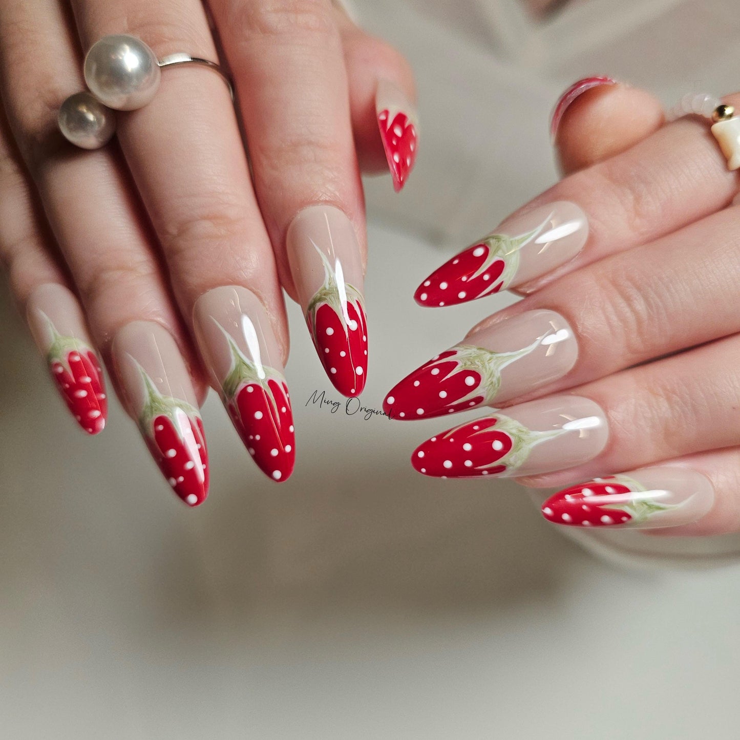Christmas Red Strawberry press on Nail,  Fruit Lover press on nails, strawberry tip glue on nail, Holiday Fake Nails, Gifts for Her, MO295