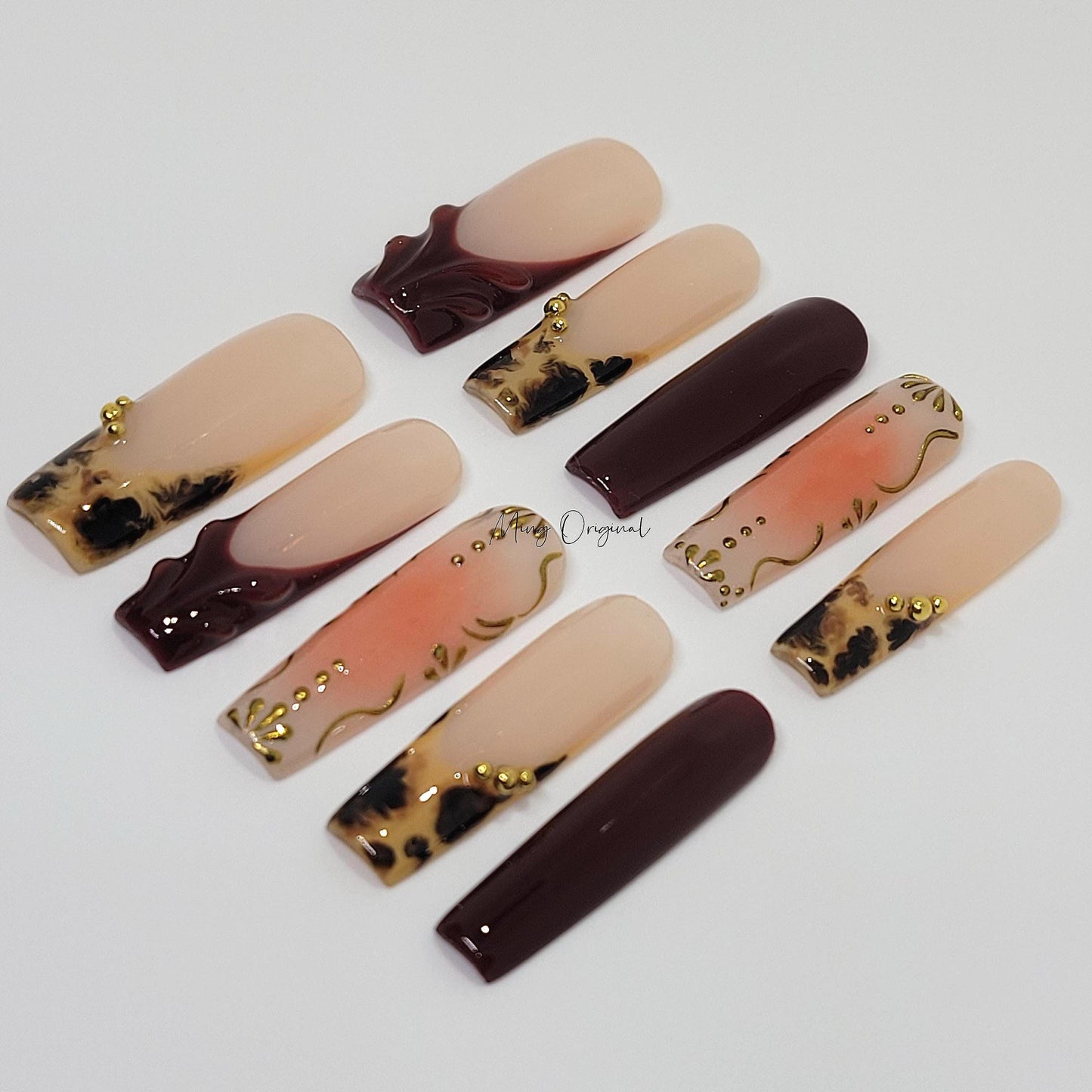 Autumn royal brown water blooming Press on Nails, gold chrome detail nail, animal print French tip minimalist winter nail,gift for her,MO375