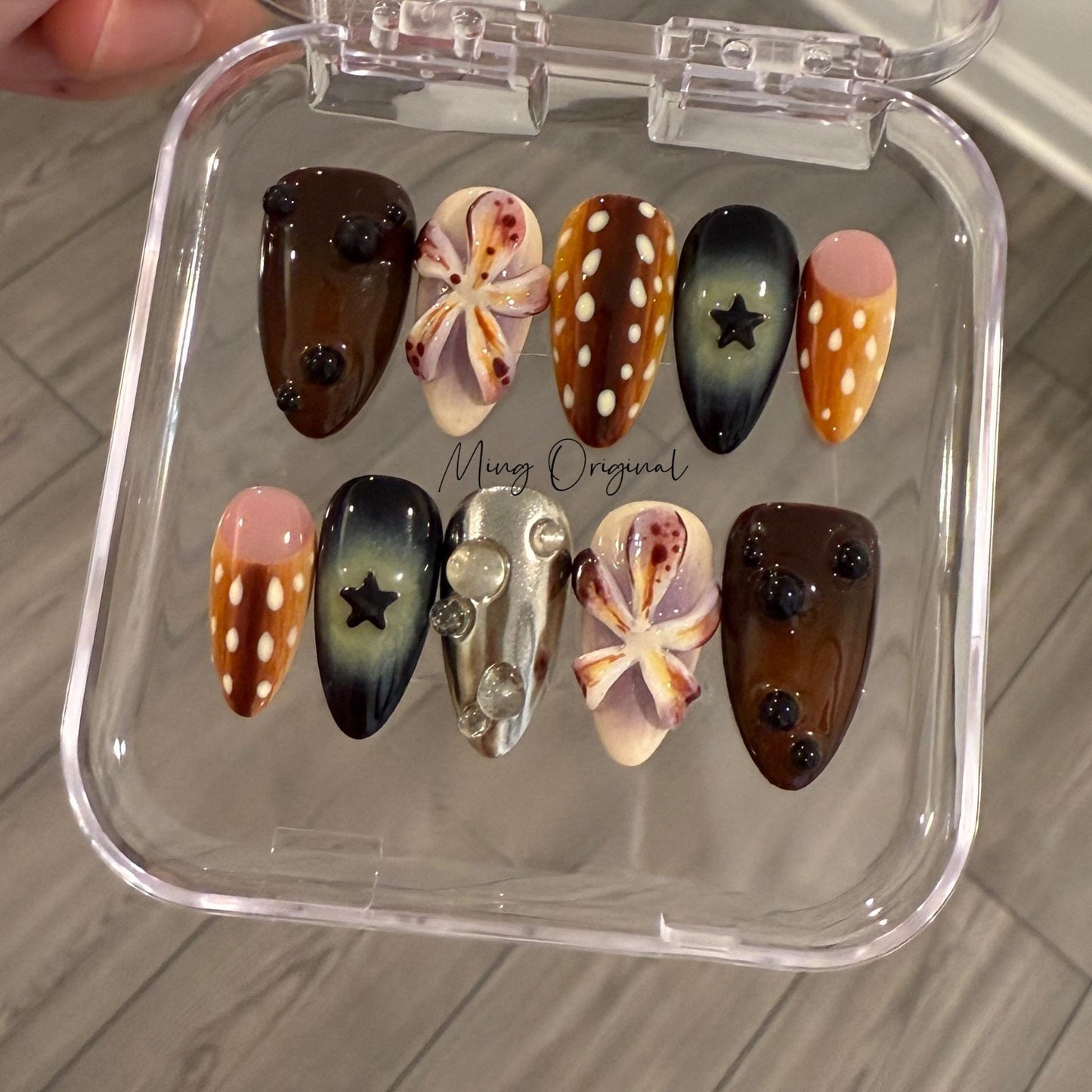 Rainforest vibe Whimsical trippy Flower and Sika deer Press on Nails, free style French glue on Nails, birthday holiday gift for her, MO421