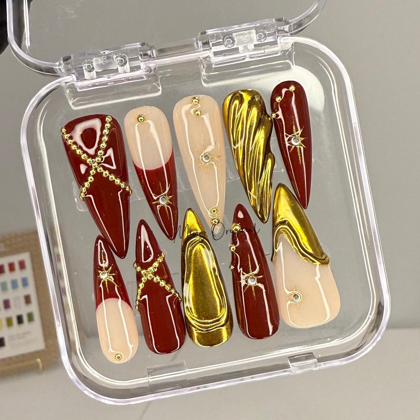 3D red and gold free style press on nails, gold chrome detail nail, heart and Star glue on nail, nude jelly fake nail, gift for her,MO422