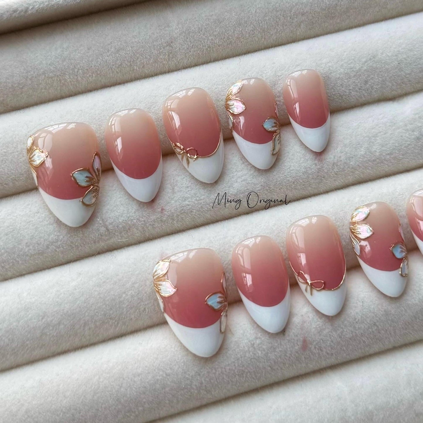 Elegant Classy French Ombre with Chrome flower press on nails,White Tip and gold frame floral, wedding bridal art nail,  gift for her, MO394