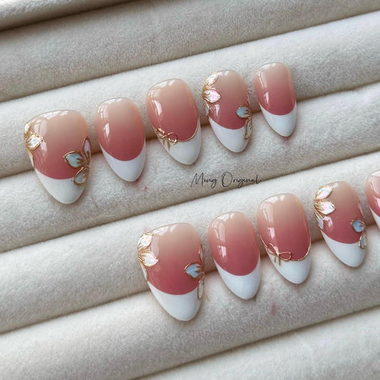 Elegant Classy French Ombre with Chrome flower press on nails,White Tip and gold frame floral, wedding bridal art nail,  gift for her, MO394