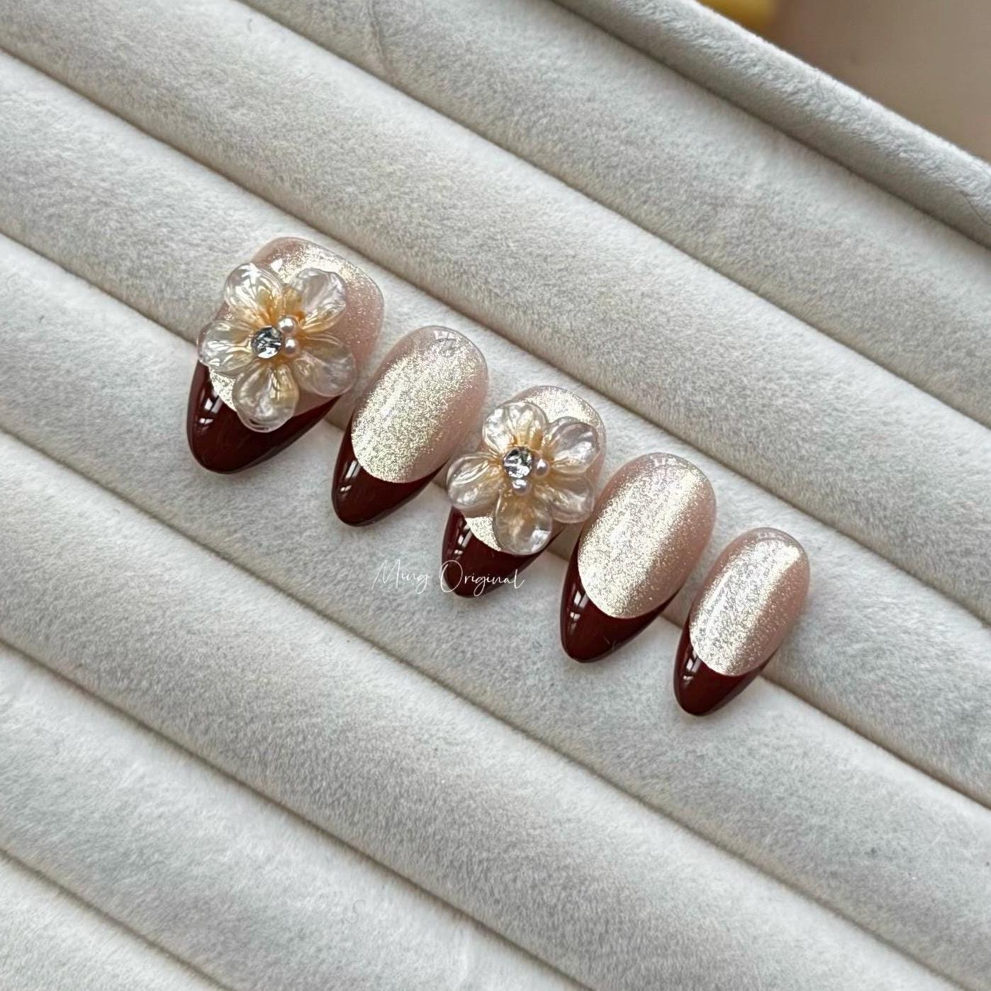 Red French tip nude cateye press on nails, 3d double layered jelly flower Nails, pearl decal,  birthday Christmas holiday gift for her MO318