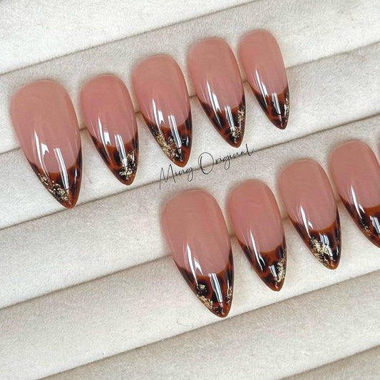 Classic French tip Tortoise Shell  Amber water blooming Press on Nails, Jelly hand painted nail, fall winter nail,gift for her,MO417