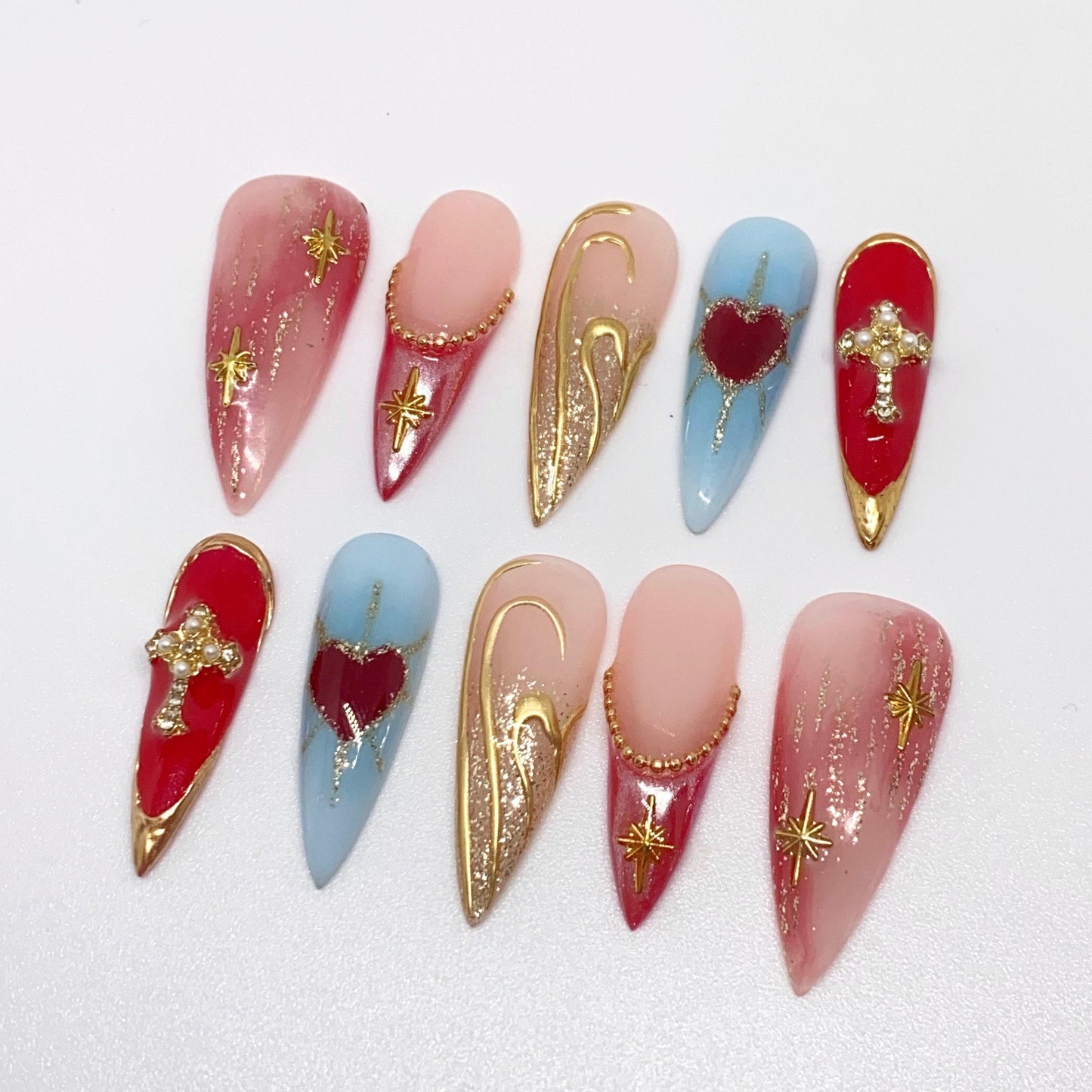 Royal 3D Free Style Golden press on nails, red and blue color, chrome, ombre color, French tip