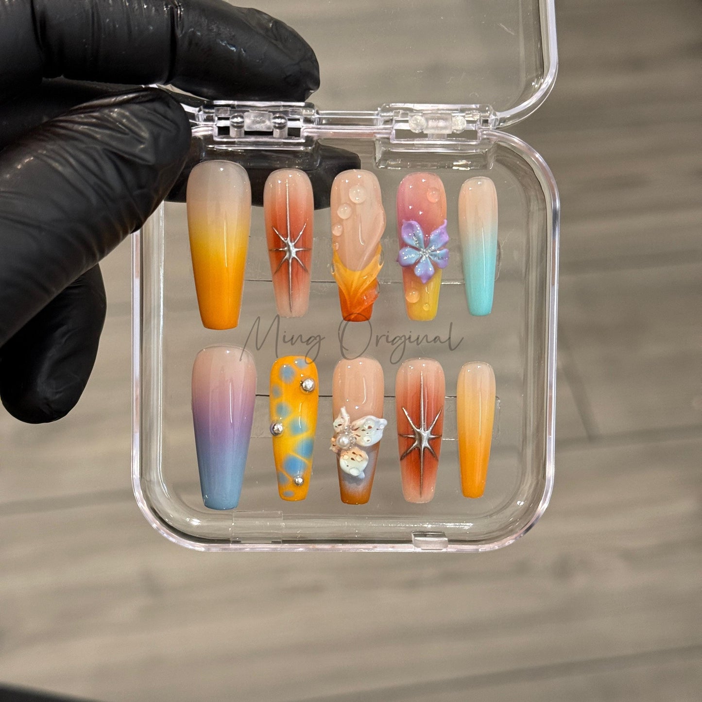 Vivid Beach Colorful Airbrush Ombre 3d Flower press on nails, blue orange purple yellow hand painted candy color vacation nail, gift, MO467