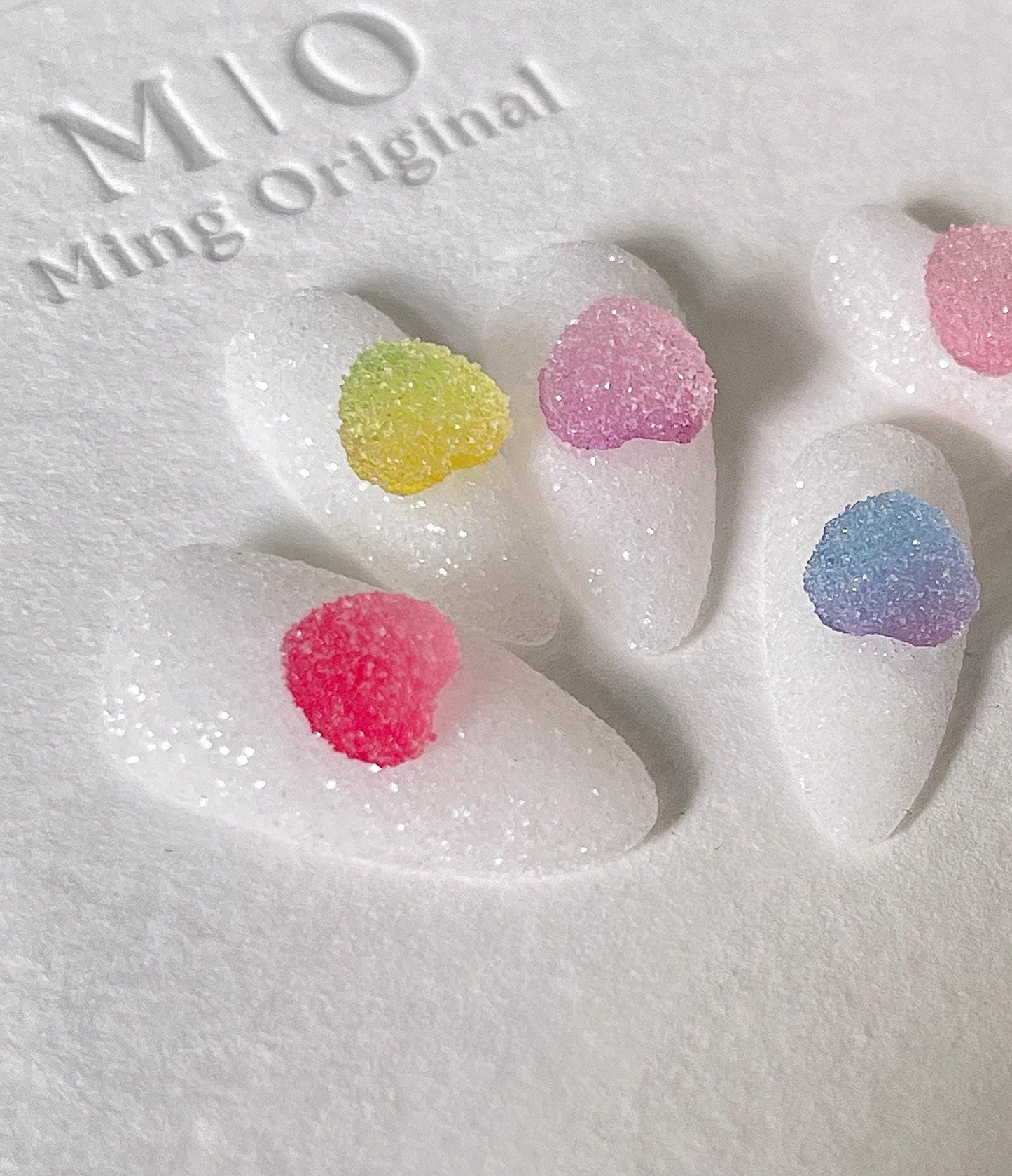 Milky White Sugar Glitter rainbow heart gummy candy Press on Nails, Colorful ombre Gradient Sparkly summer nails