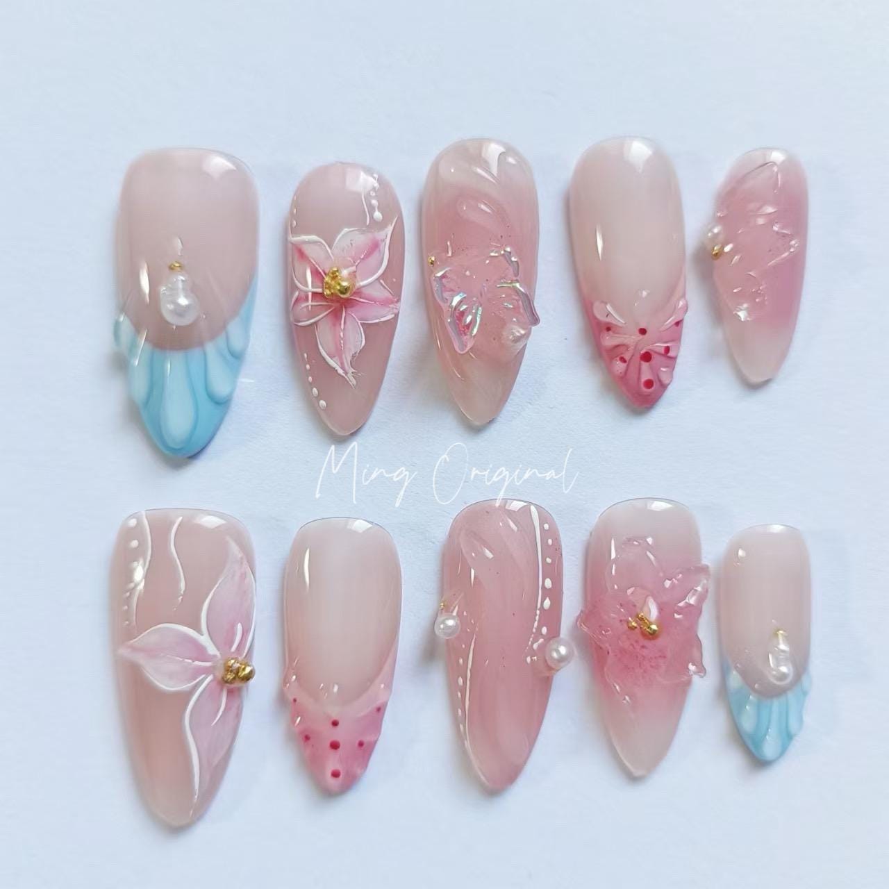 Peach blossom 3D sculptured flower Press on Nails, Mermaid Butterfly Nails, Clear Orchard Floral Nails, Jelly Nails, gift for her, MO237