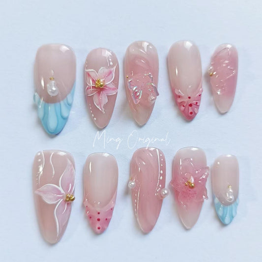 Peach blossom 3D sculptured flower Press on Nails, Mermaid Butterfly Nails, Clear Orchard Floral Nails, Jelly Nails, gift for her, MO237