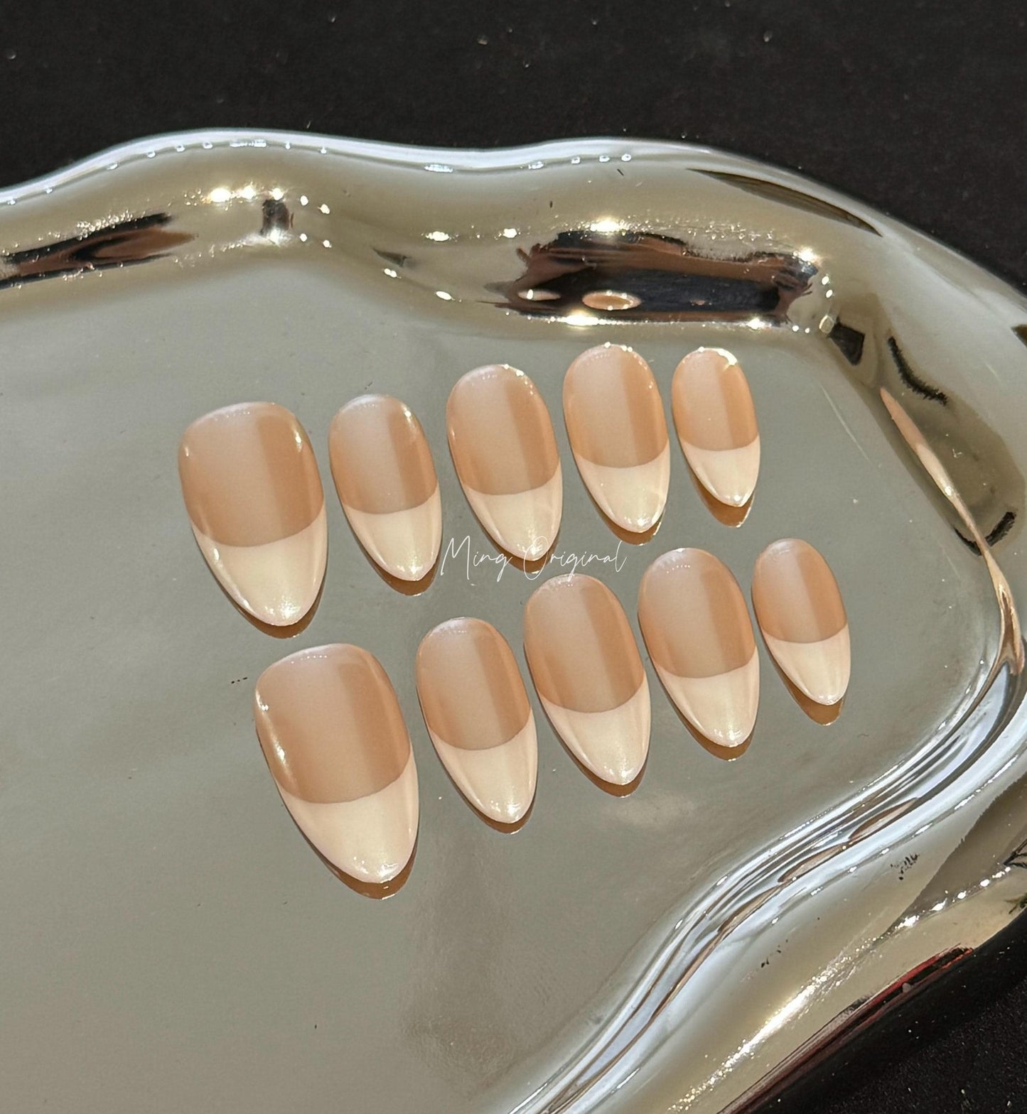 Glazed donuts French Tip nail, pearl chrome Fake nails, nude nail, Handmade jelly nail