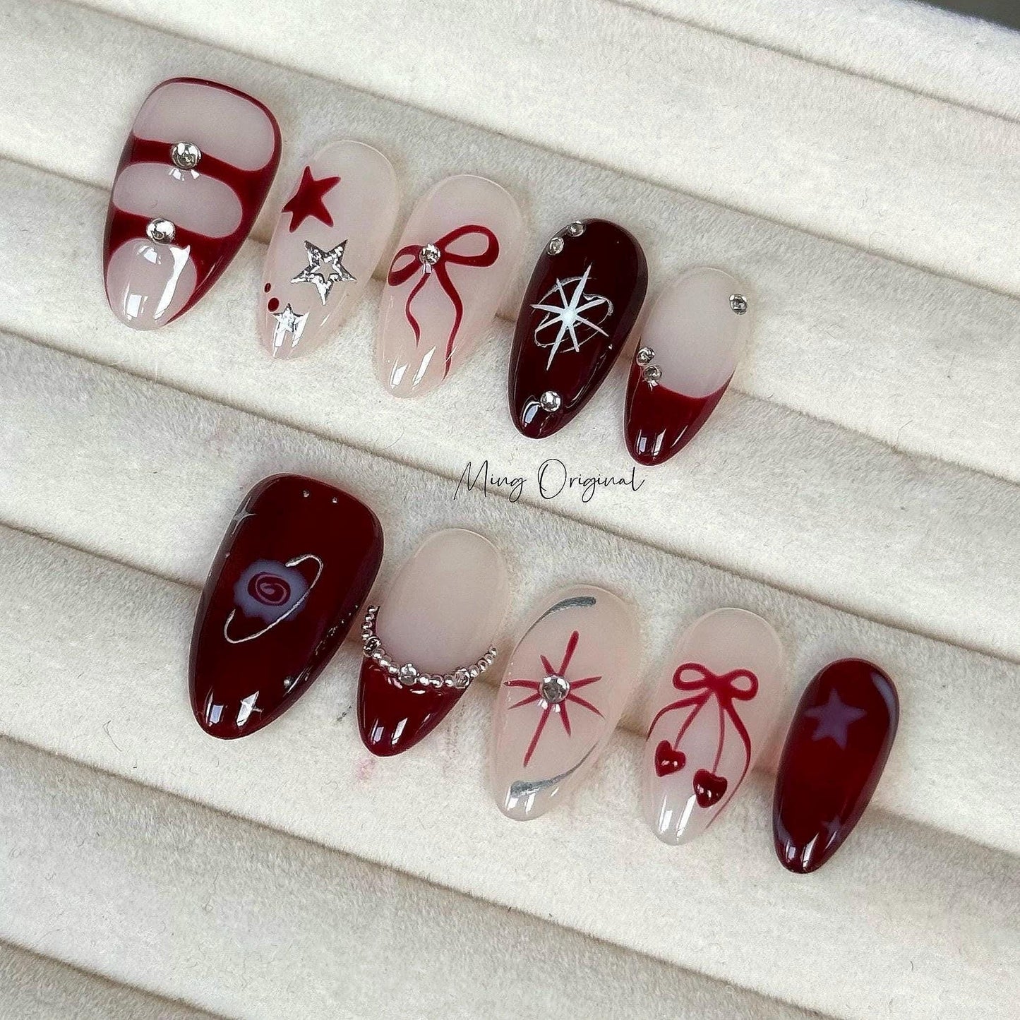 Red bow coquette and star Press on Nails, chrome free style handmade glue on Nails, birthday holiday gift for her, MO420