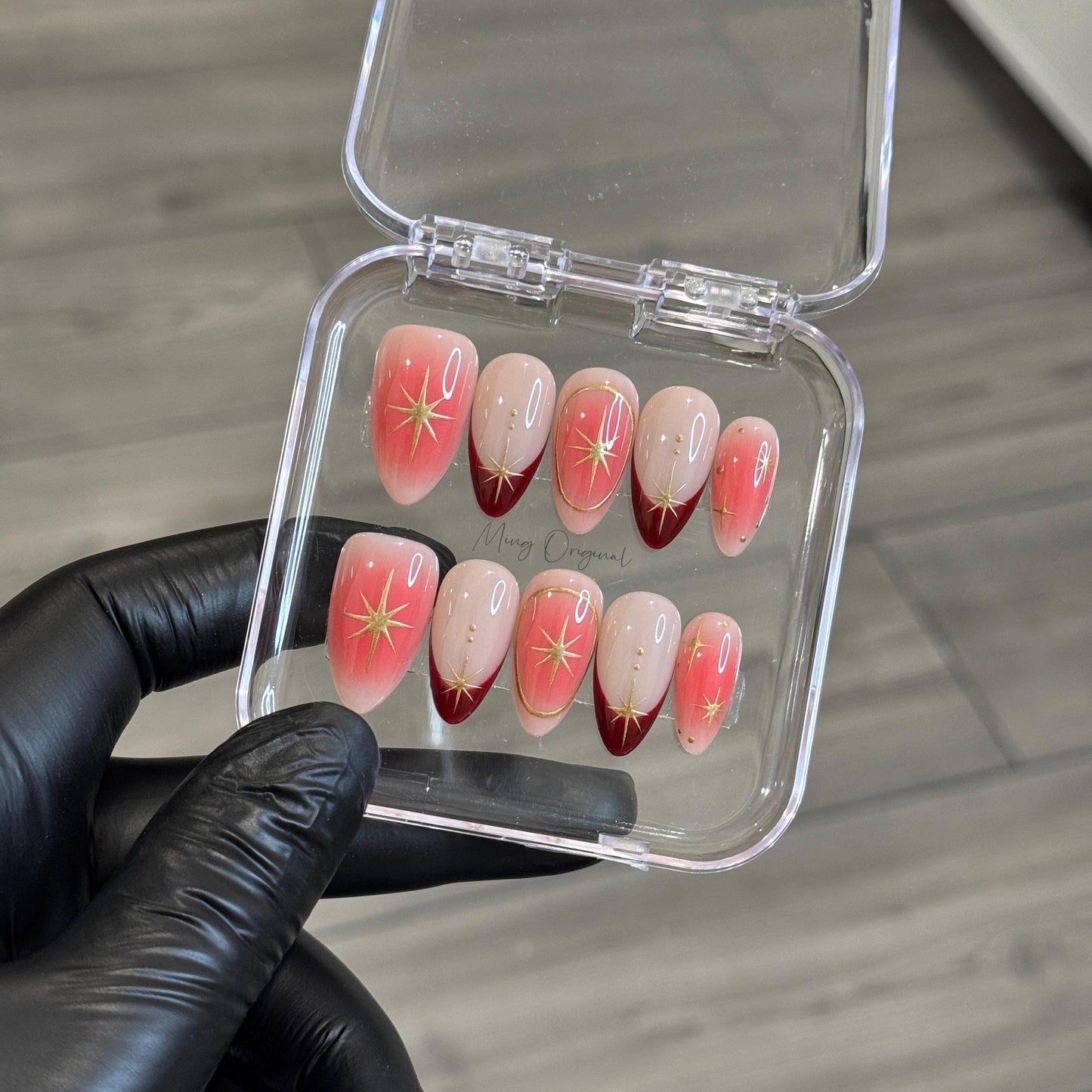 Simple pink blush Press on Nails, gold chrome star red French tip handmade Nails, valentine new year gift for her,MO384