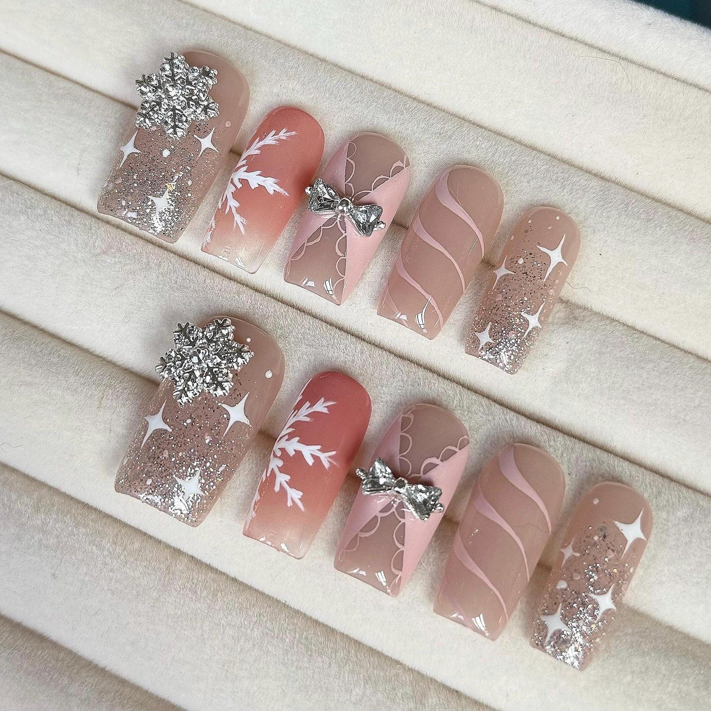 Festival winter snowflake press on Nail, pink swirl nail, sparkling crystal glittery glue on nail, Xmas Gifts for Her, MO359
