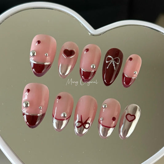 Cute metallic 3d heart bow coquette press on Nail, red french tip glue on nail, Holiday Fake Nails, Christmas new year Gifts for Her, MO371
