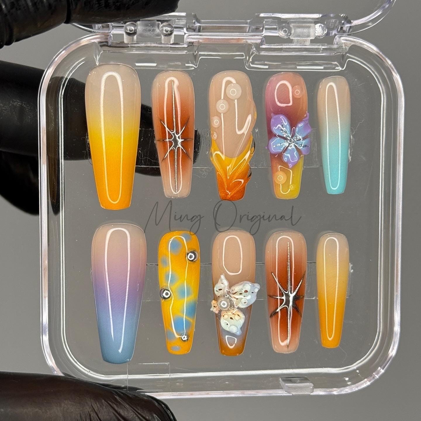 Vivid Beach Colorful Airbrush Ombre 3d Flower press on nails, blue orange purple yellow hand painted candy color vacation nail, gift, MO467