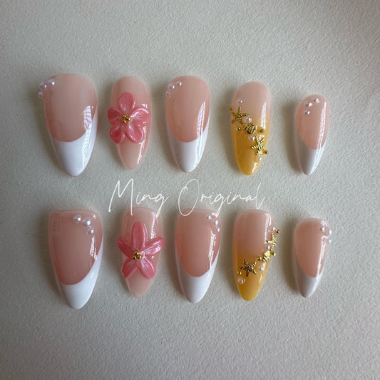 3D sculptured flower Press on Nails, Mermaid Star French Nails, Tropical Floral Nails, Jelly Nails