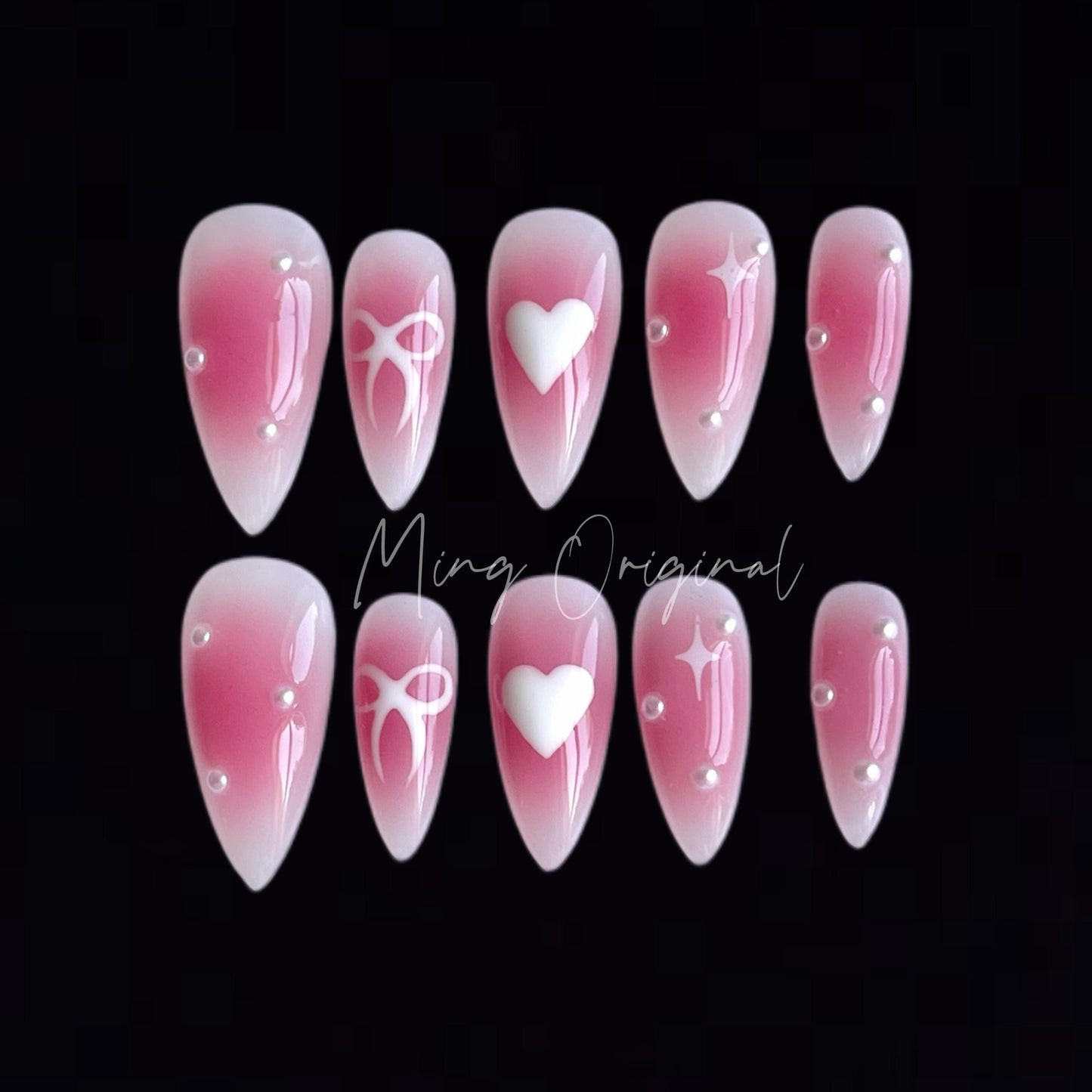 Pink blush girly pearl press on nail, hand painted bow and heart, milky white nail, jelly fake nail