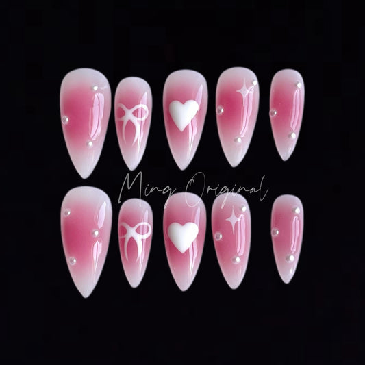 Pink blush girly pearl press on nail, hand painted bow and heart, milky white nail, jelly fake nail