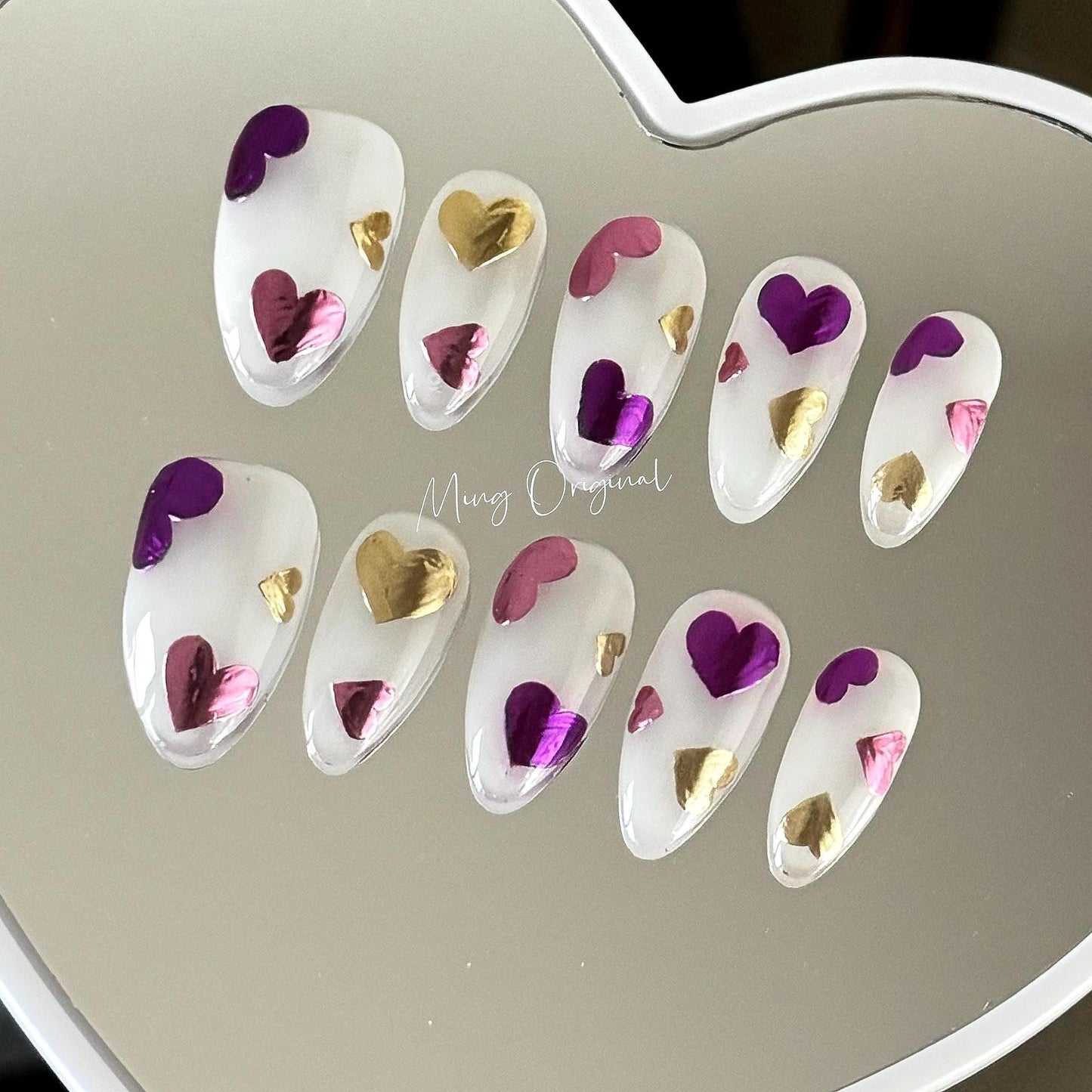 Vivid love milky white press on Nail, purple pink chrome heart glue on nail, Holiday Fake Nails, valentine Gifts for Her, MO370