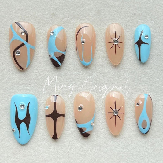 Free style blue abstract line press on nails, Y2K star, french tip nail , fall season nail, hand painted candy color nail