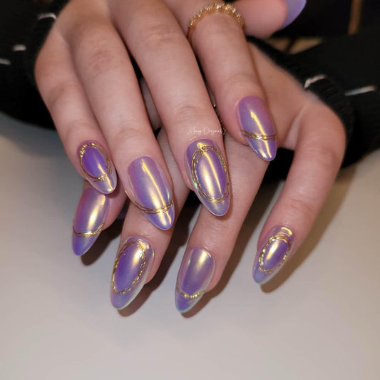 Gold tone Aurora Glazed Donuts press on nail, Chrome mermaid shimmer Nail, French tip line, AI nail, MO250