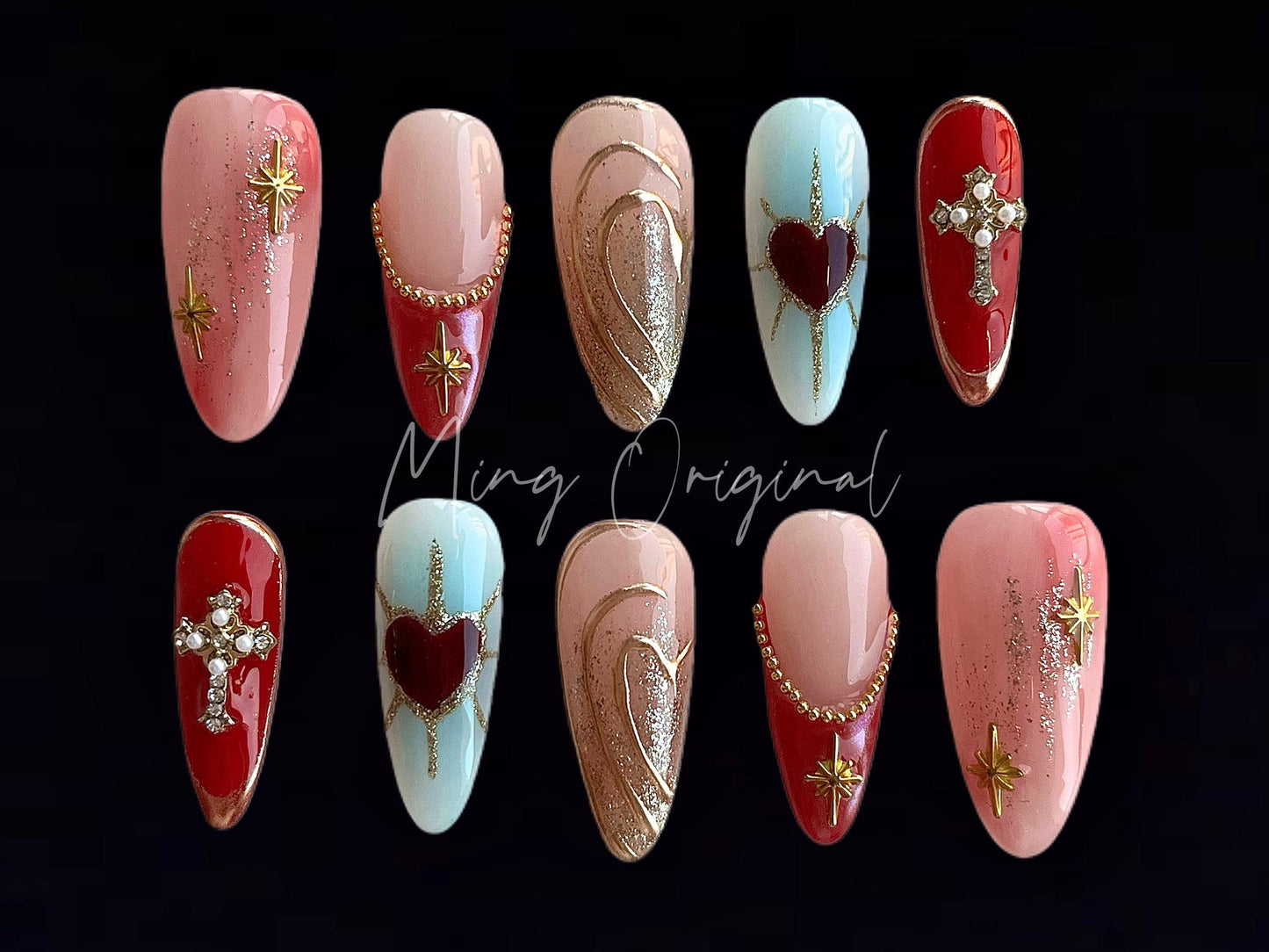 Royal 3D Free Style Golden press on nails, red and blue color, chrome, ombre color, French tip
