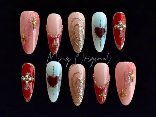 Royal 3D Free Style Golden press on nails, red and blue color, chrome, ombre color, French tip