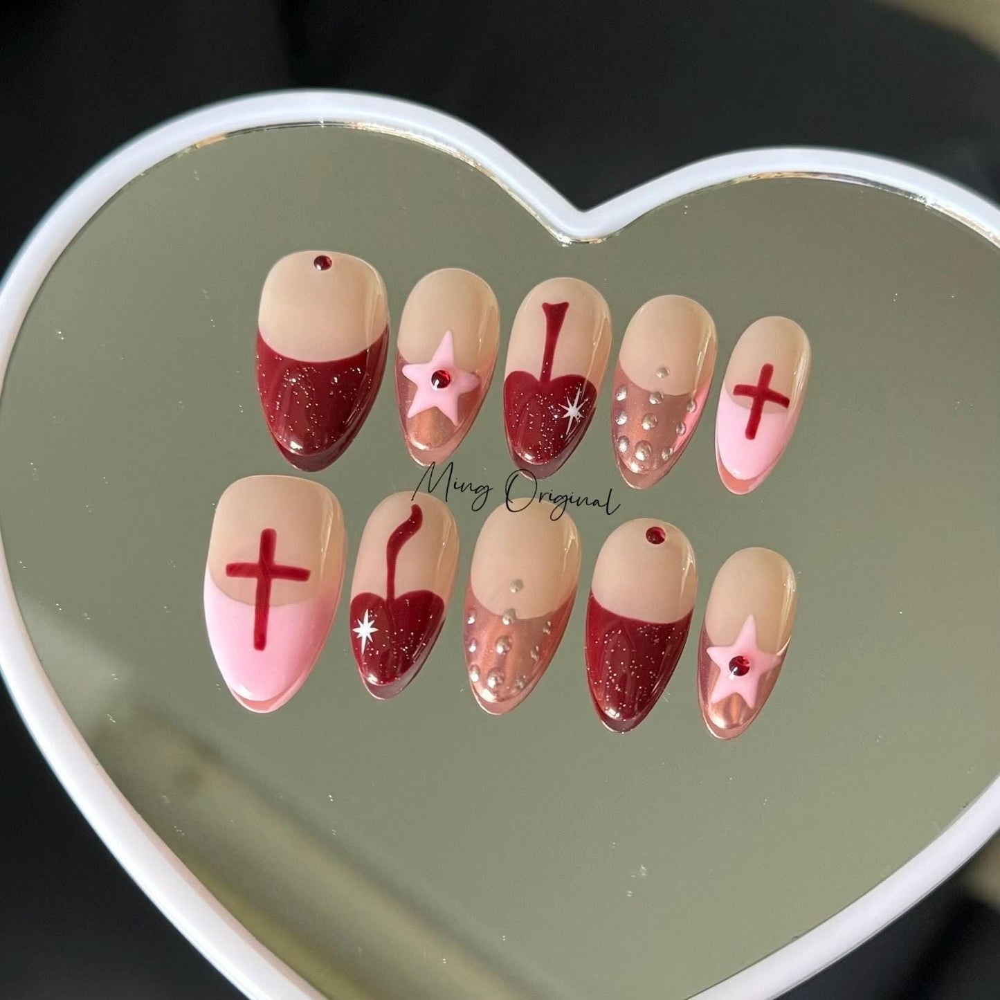 Christmas vibe cute mushroom and Star Press on Nails, pink chrome free style french tip glue on Nails, birthday holiday gift for her, MO316