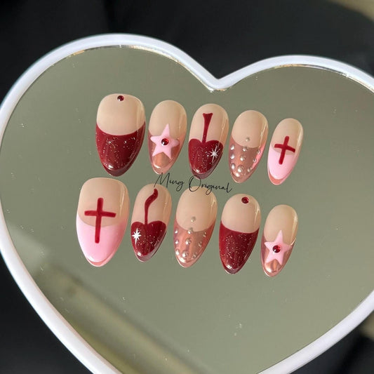 Christmas vibe cute mushroom and Star Press on Nails, pink chrome free style french tip glue on Nails, birthday holiday gift for her, MO316