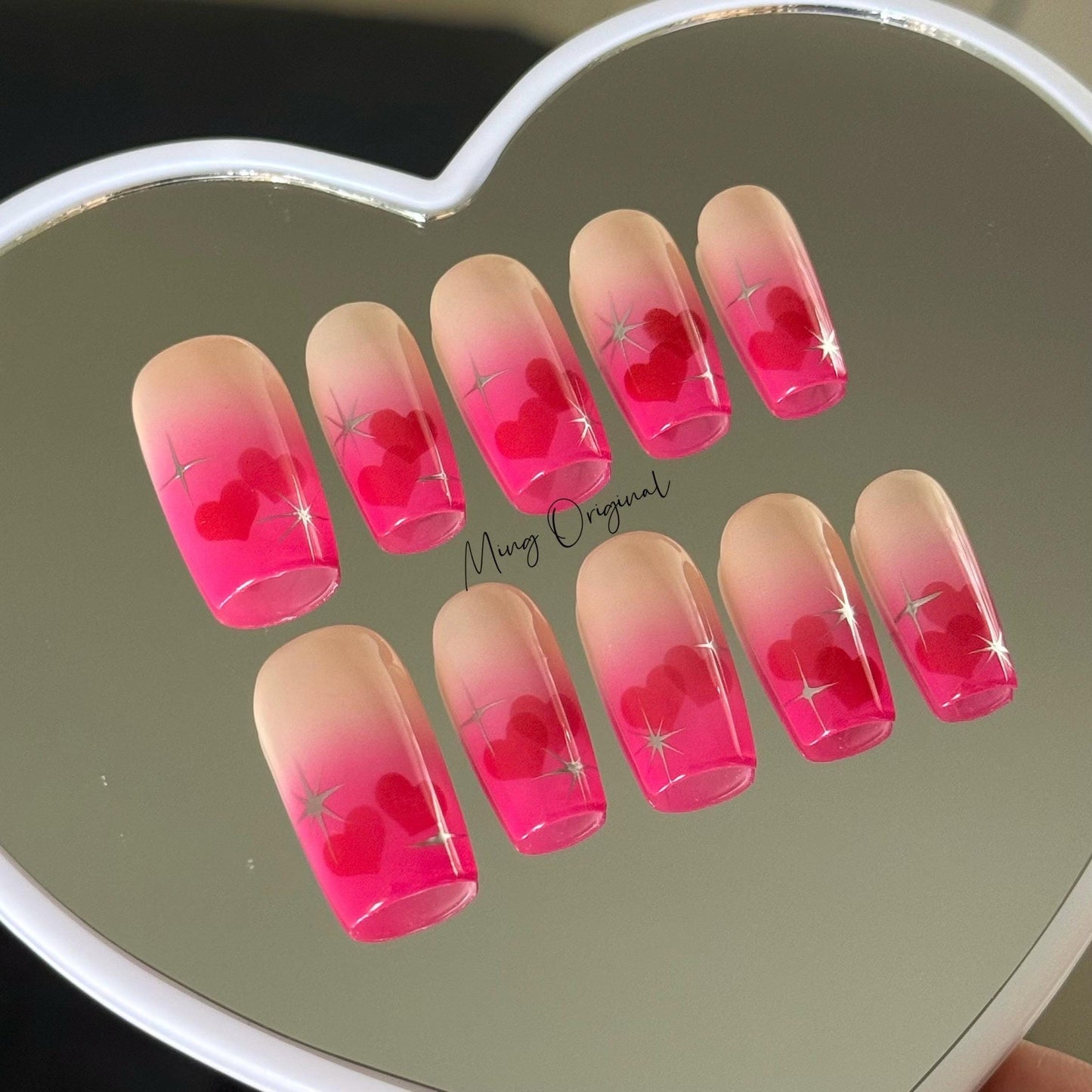 Hot pink sweetheart Press on Nails, hand painted free style silver chrome star glue on Nails, handmade holiday birthday gift for her MO315
