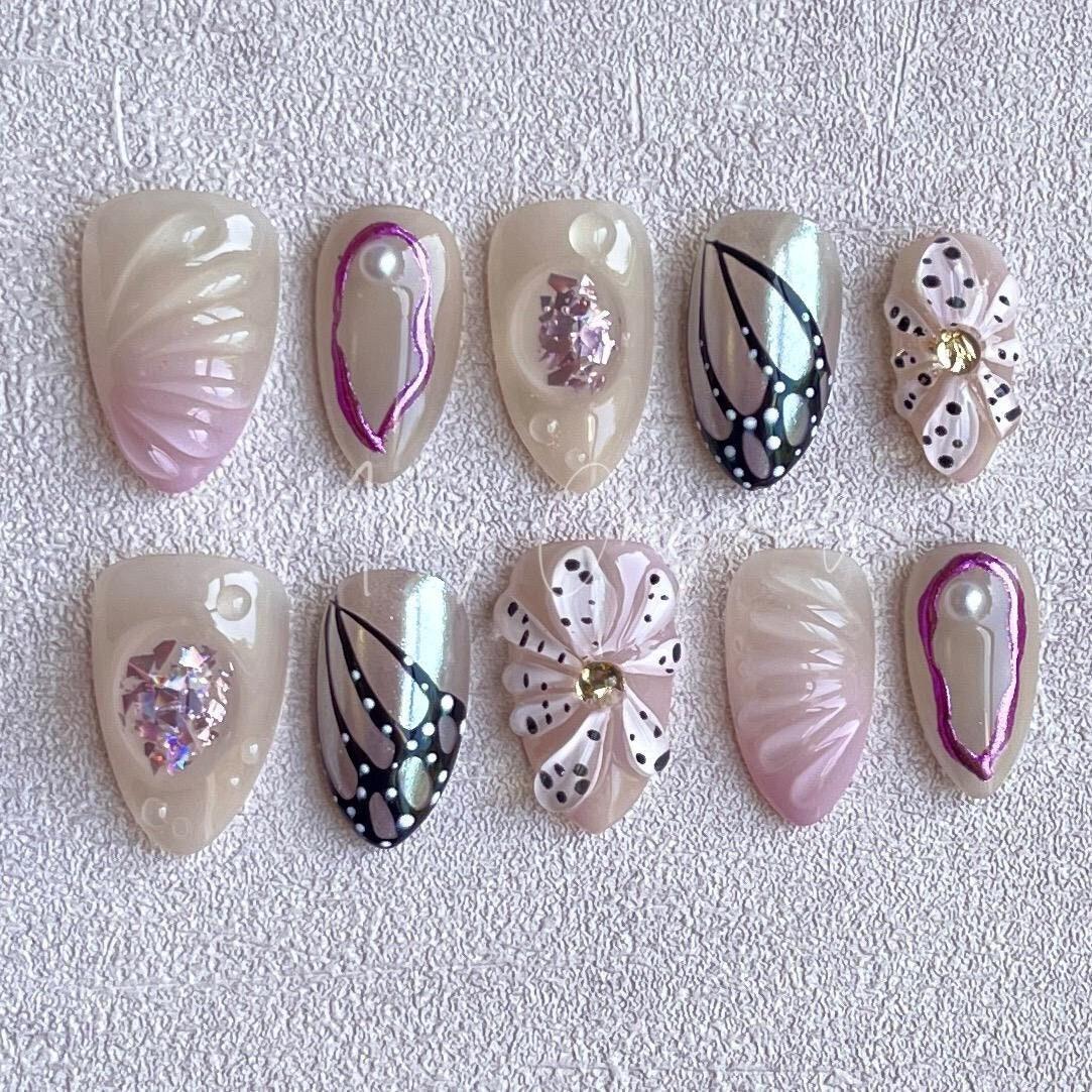 Butterfly wings and Purple Orchid flowers press on art nail, 3D floral nail, summer nail