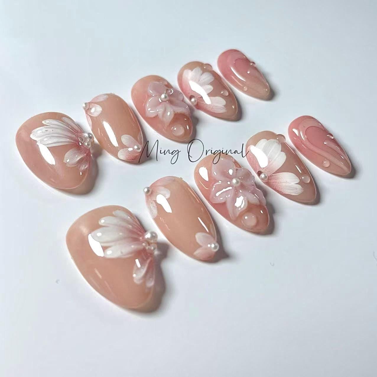 Spring Pink 3D sculptured flower Press on Nails, Mermaid Seashell Nails, milky Orchard Floral Nails, Jelly Nails, glue on nails, MO446