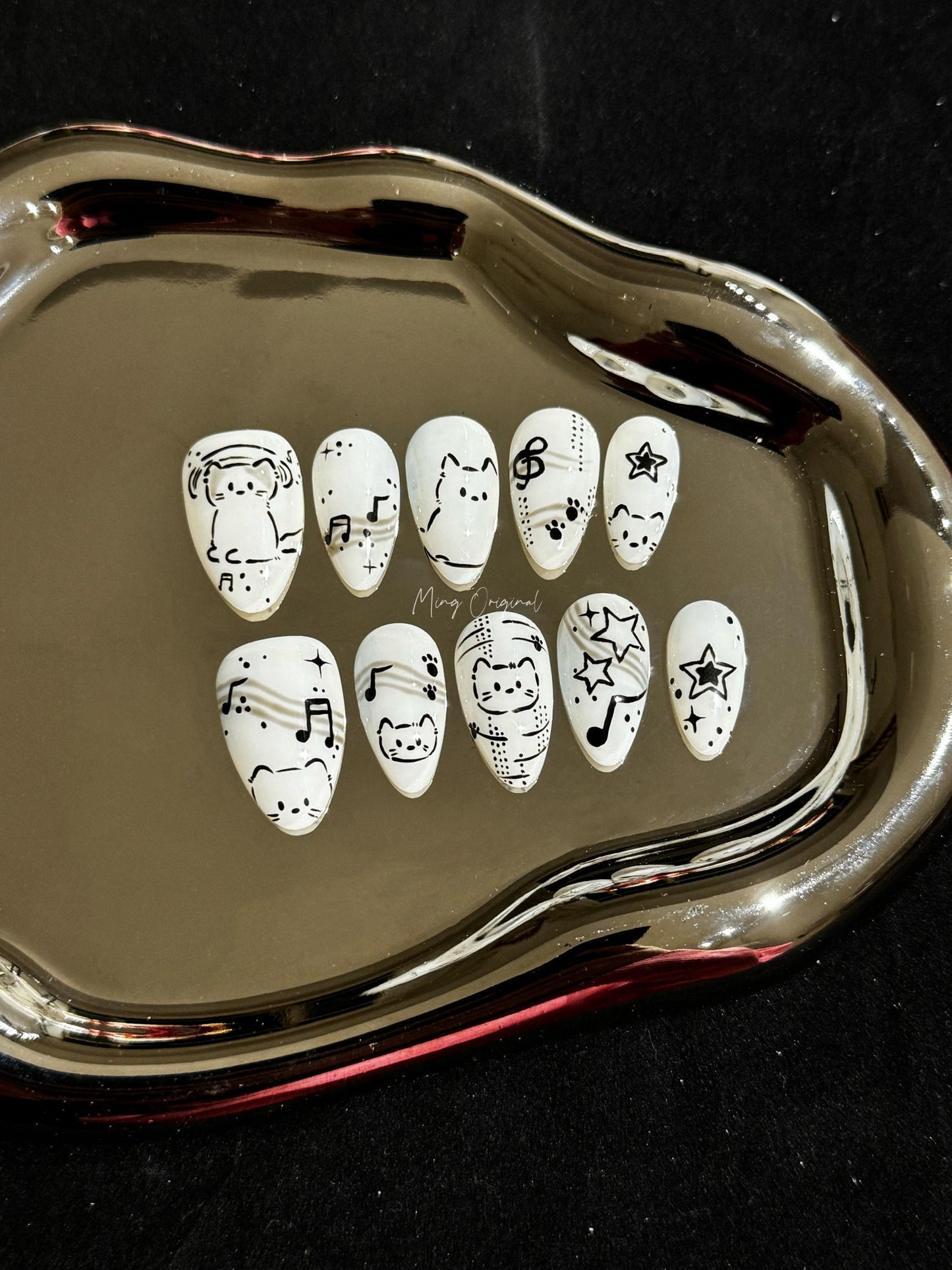 Cute Kitten Rockstar press on nail, hand draw custom nail, kitty lover fake nail, gift for her,MO246