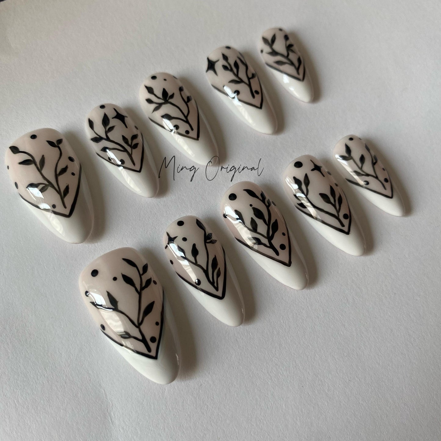 Black Leaf Artistic French Tip Nail , witchy handpainted press on nails, Holiday Fake Nails, Gifts for Her