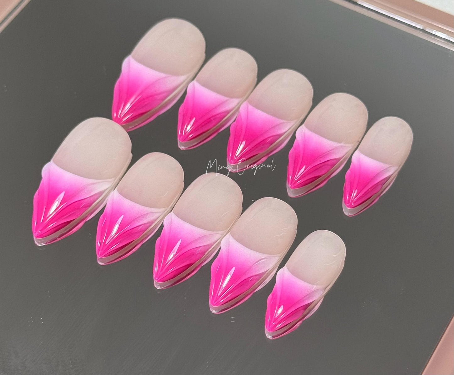 3D Free Style Hot Pink Mermaid press on nails, Vibrant color, ombre color, French tip, MO240