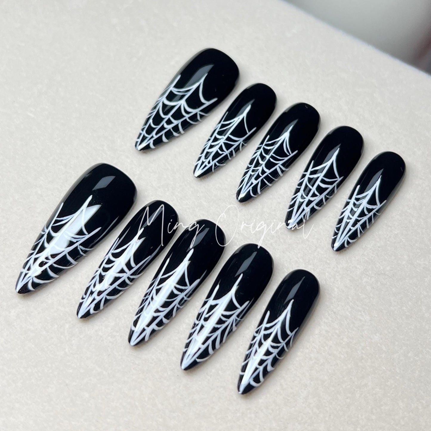 Halloween Spooky Spider Web Gothic White Line press on nail, hand painted abstract line y2k nail, custom made fake nail, black nail