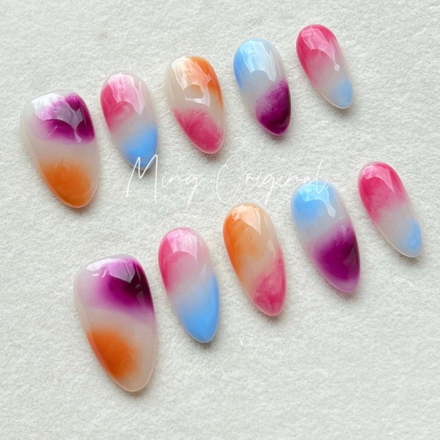 Simple Water Blooming press on nails, reuse nails, jelly fake nails,hand painted pink purple orange blue candy color bloom nail