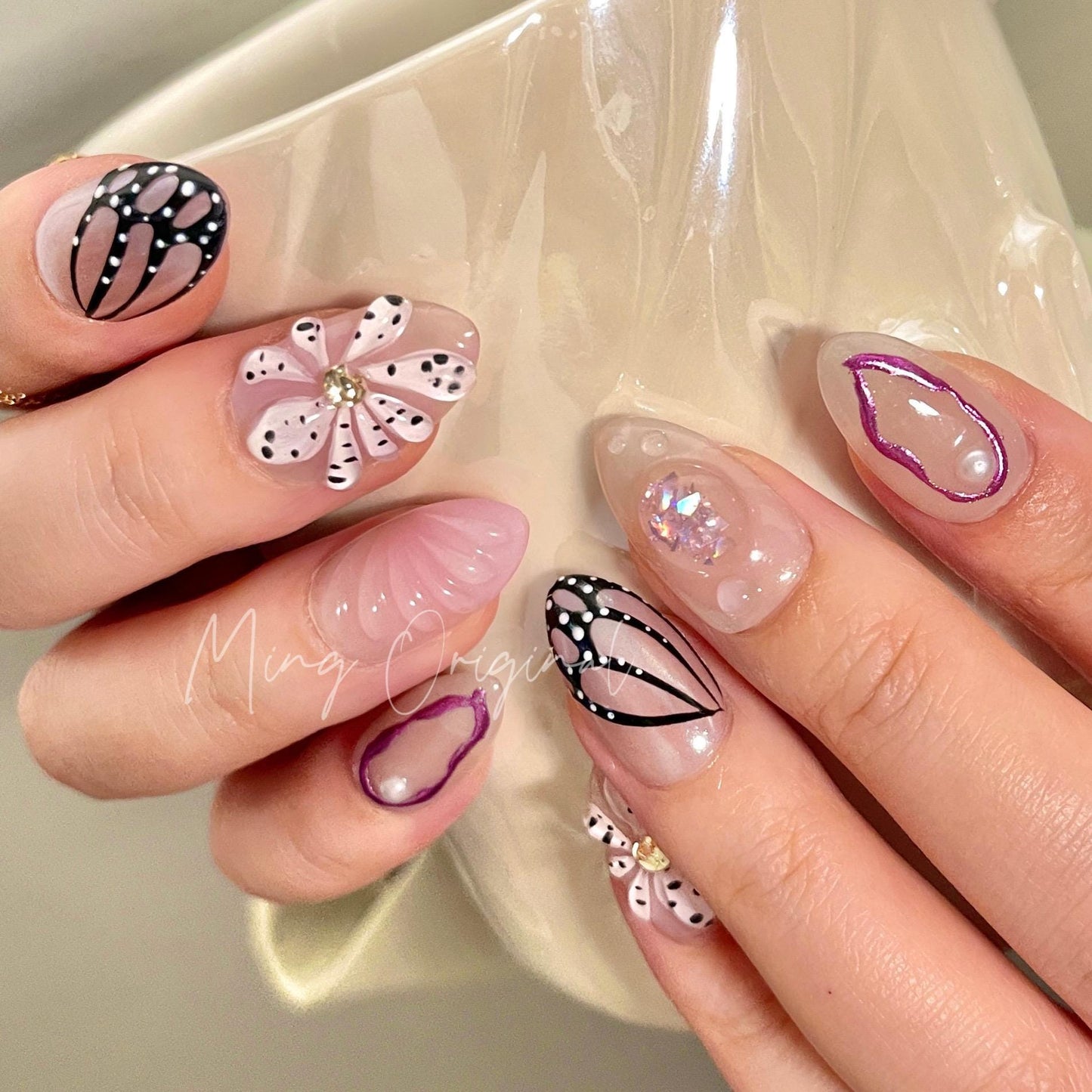 Butterfly wings and Purple Orchid flowers press on art nail, 3D floral nail, summer nail